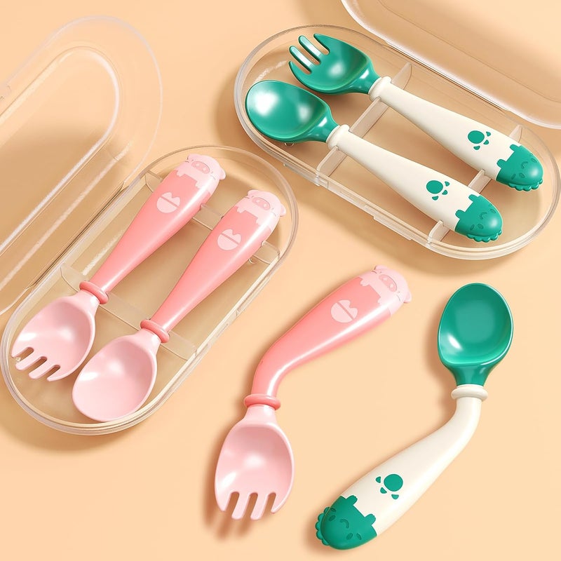 Deejoy Toddler Utensils with Travel Safe Case, Silicone Baby Spoons and Fork Set for Self Feeding, Toddlers Feeding Training Spoon, Easy Grip Heat-Resistant, Bendable Function (2 Sets, Green&Pink) - Image 1